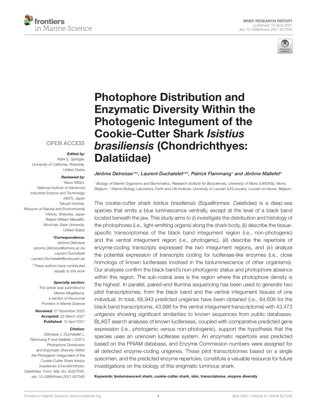 Photophore Distribution and Enzymatic Diversity Within the Photogenic Integument of the Cookie-Cutter Shark Isistius Brasiliensis (Chondrichthyes: Edited By: Mark S