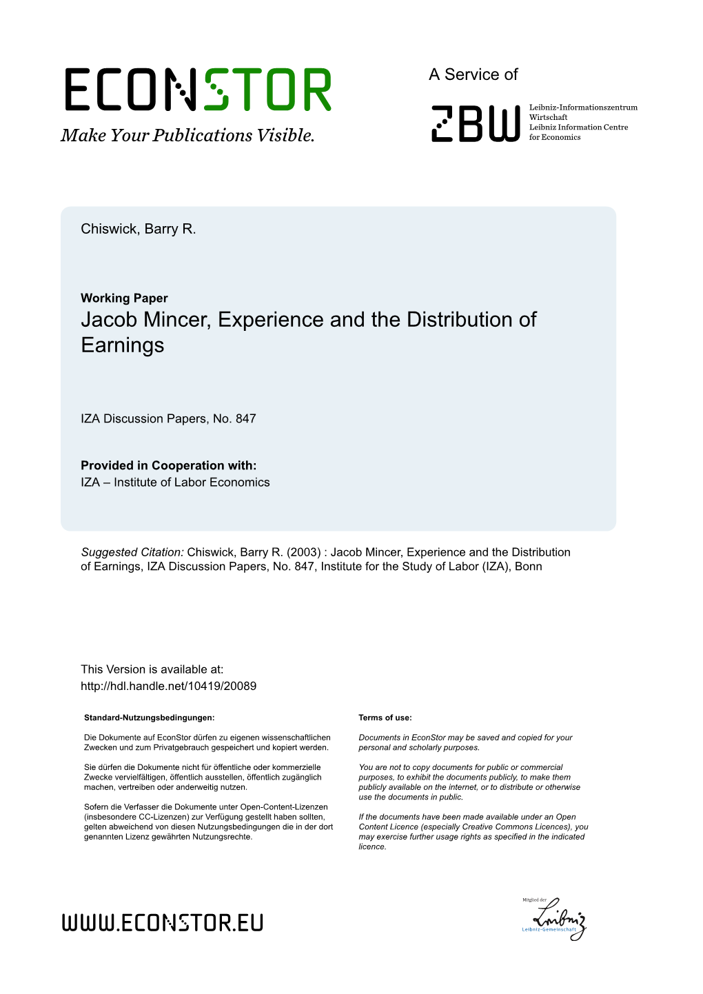 Jacob Mincer, Experience and the Distribution of Earnings