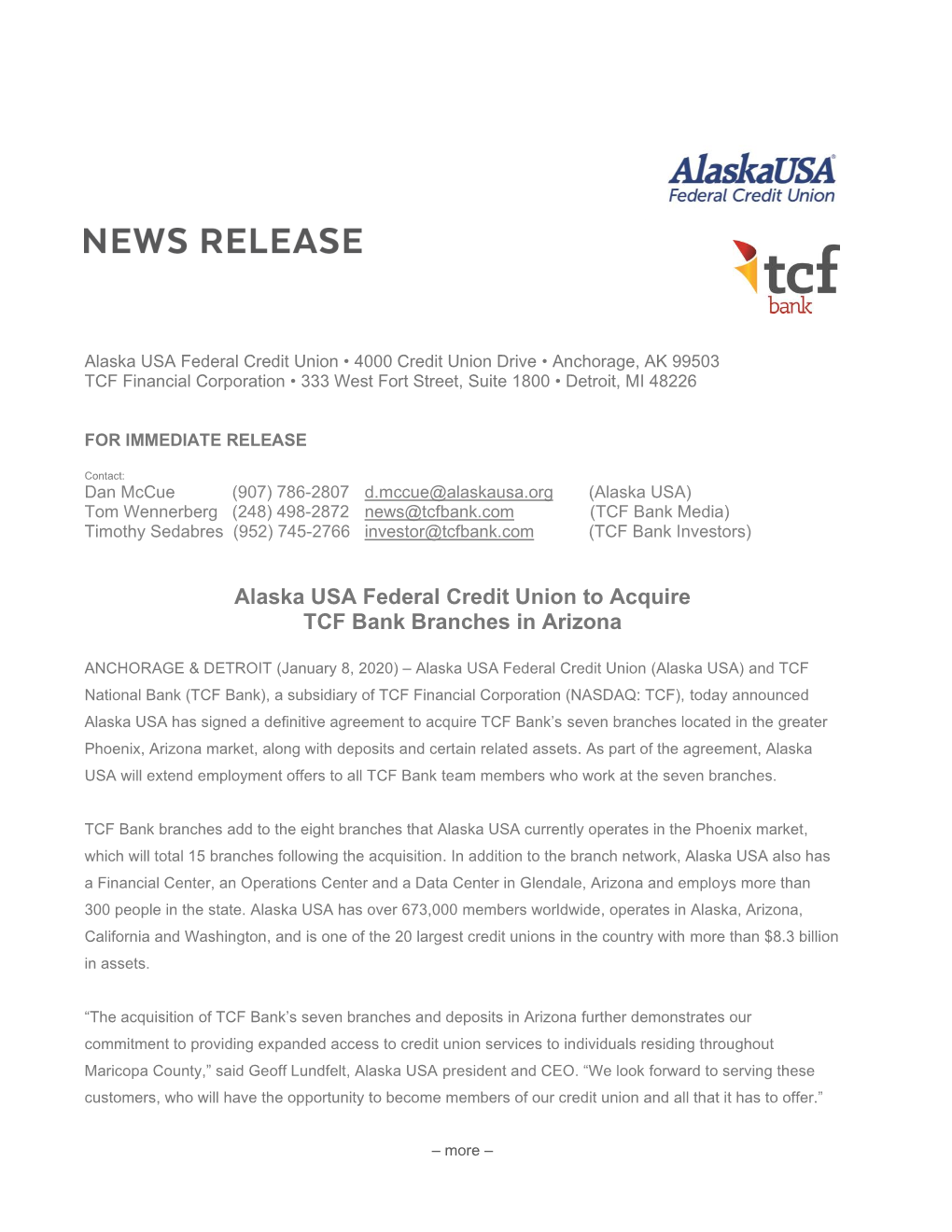 Alaska USA Federal Credit Union to Acquire TCF Bank Branches in Arizona