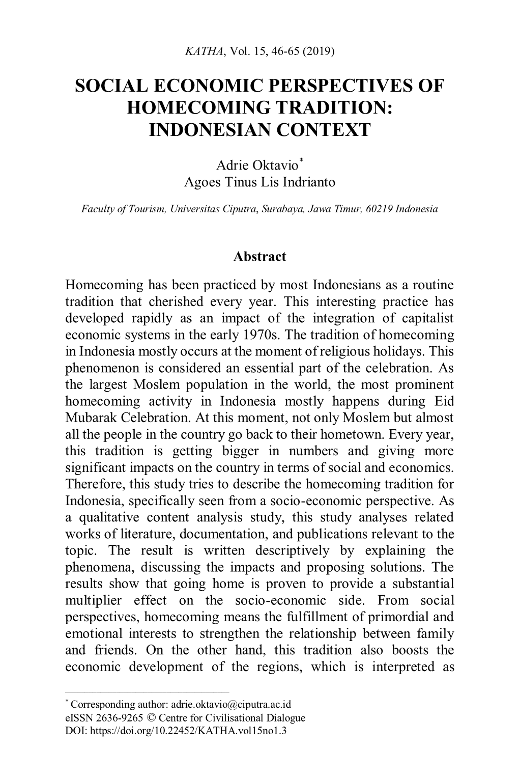 Social Economic Perspectives of Homecoming Tradition: Indonesian Context