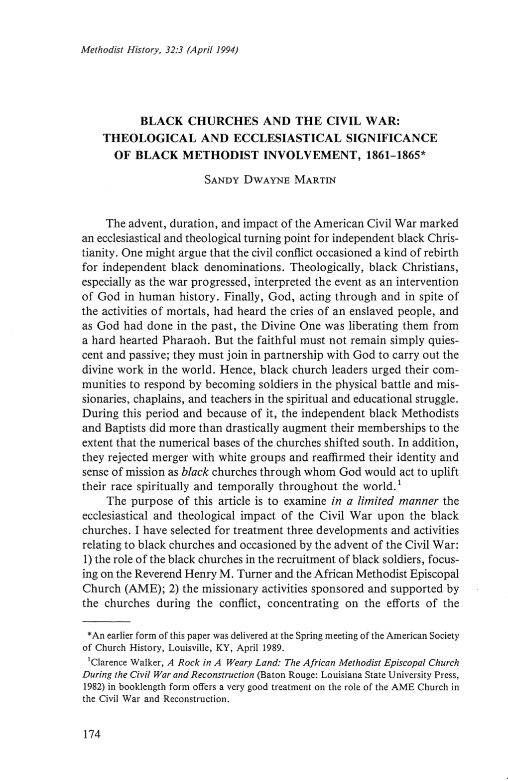 Black Churches and the Civil War: Theological and Ecclesiastical Significance of Black Methodist Involvement, 1861-1865*