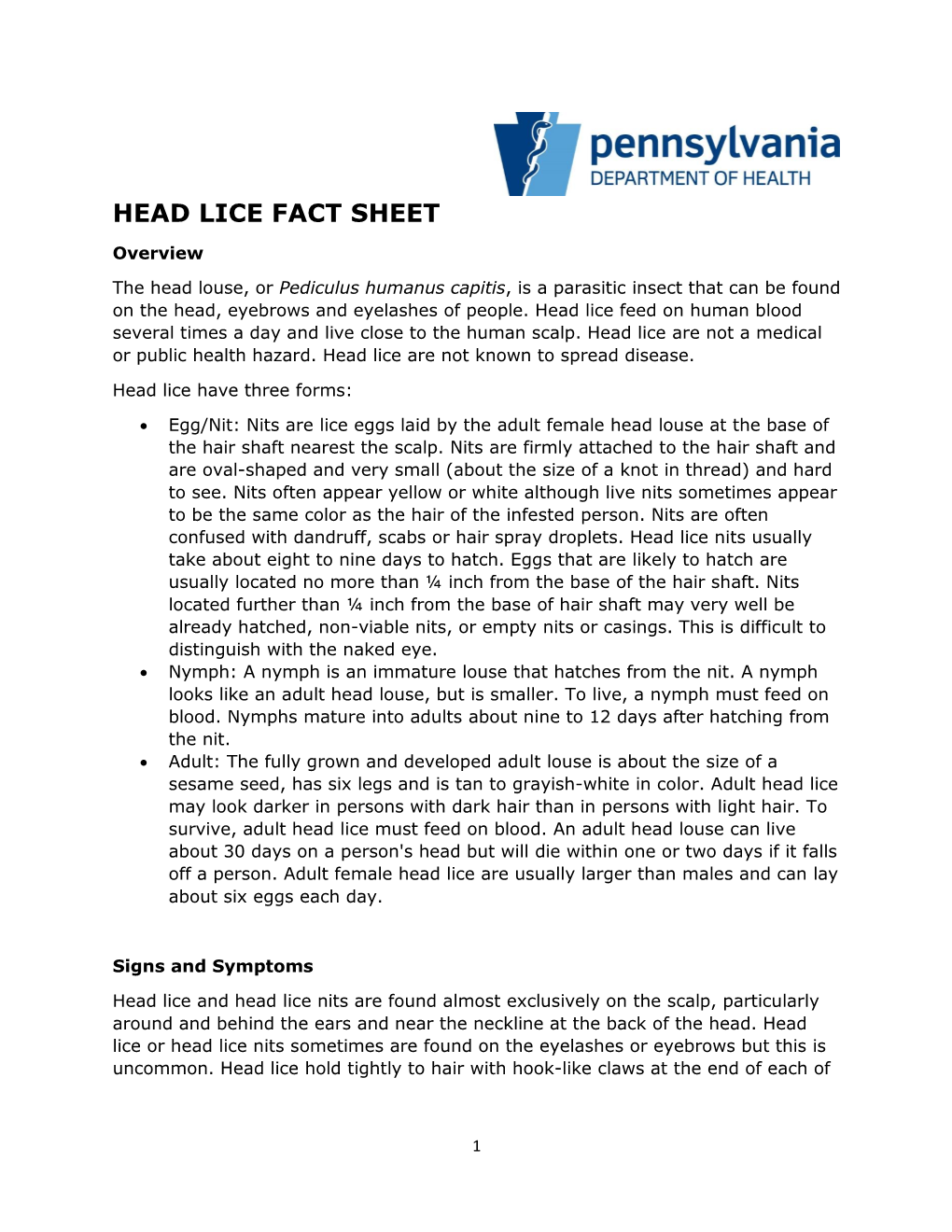 Head Lice Fact Sheet