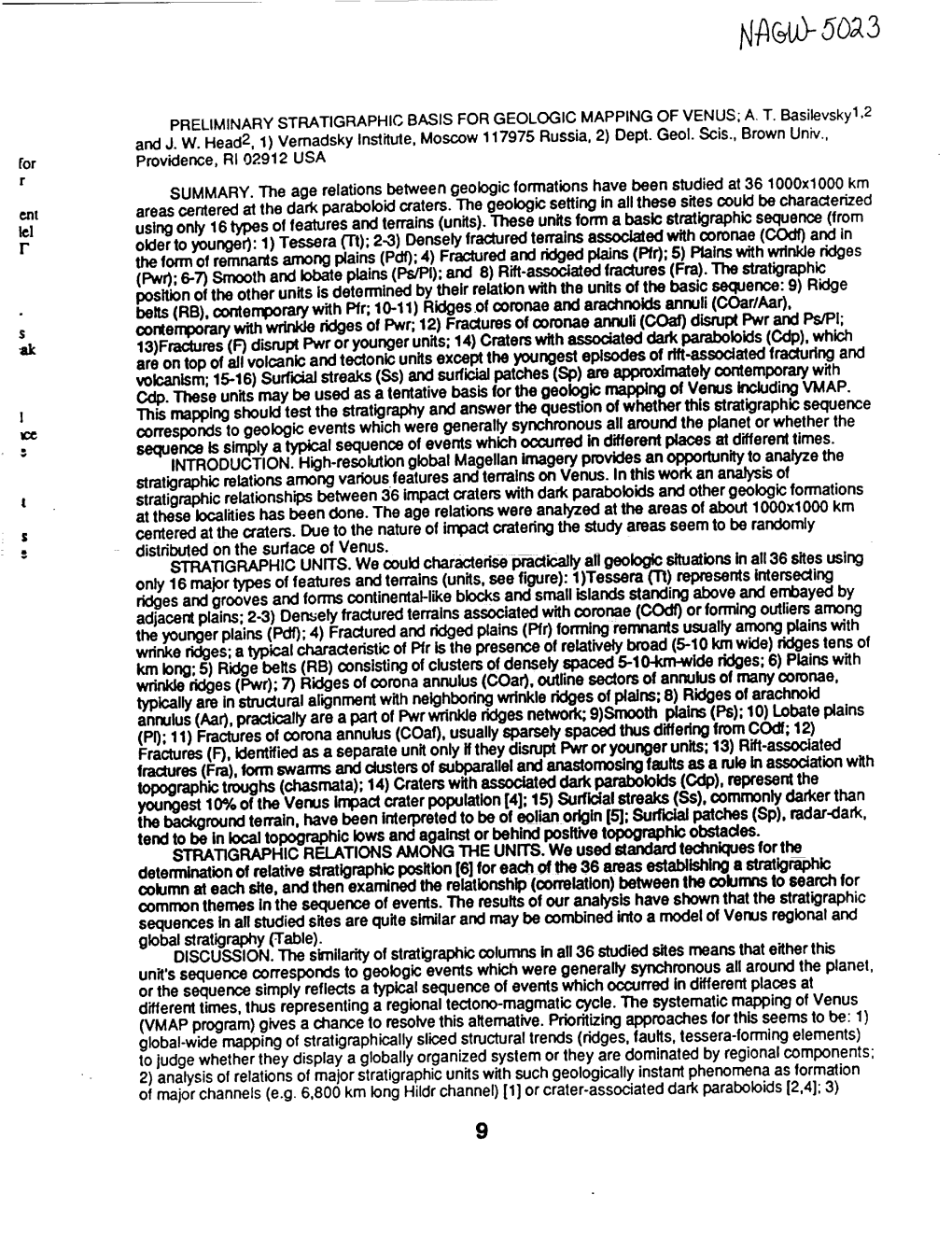 F I Preliminary Stratigraphic Basis for Geologic Mapping