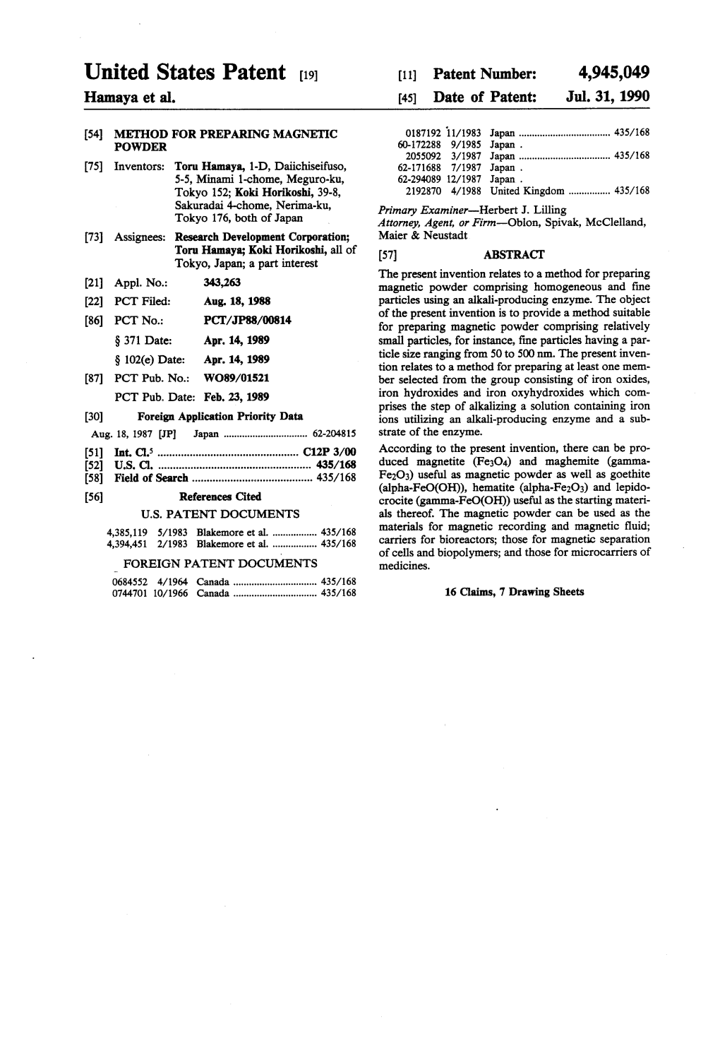 United States Patent (19) 11 Patent Number: 4,945,049 Hamaya Et Al