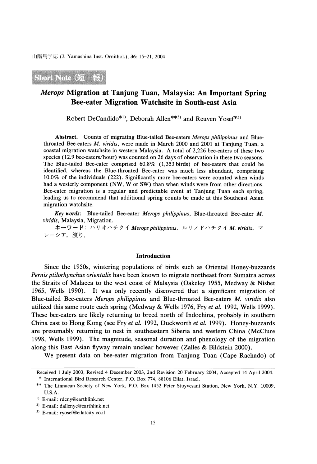 Merops Migration at Tanjung Tuan, Malaysia: an Important Spring Bee-Eater Migration Watchsite in South-East Asia