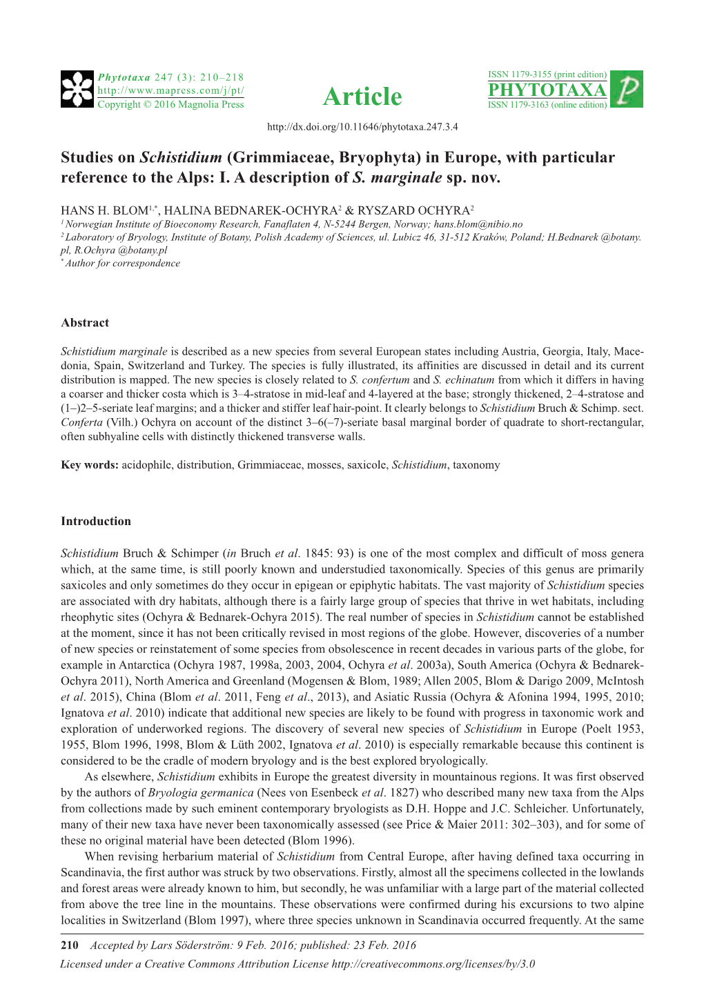 Studies on Schistidium (Grimmiaceae, Bryophyta) in Europe, with Particular Reference to the Alps: I