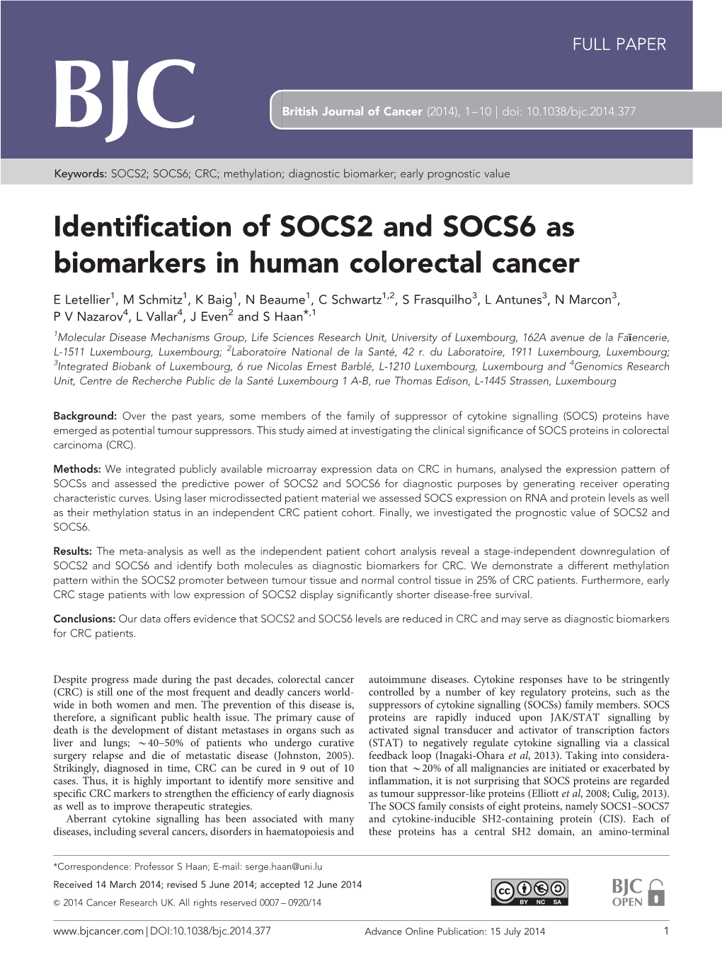 Identification of SOCS2 and SOCS6 As Biomarkers in Human Colorectal Cancer