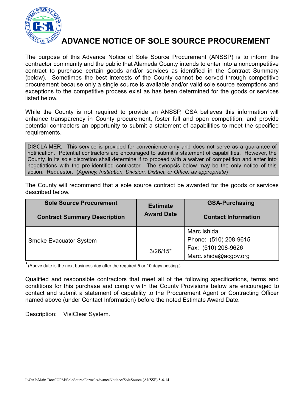 Advance Notice of Sole Source Procurement s15