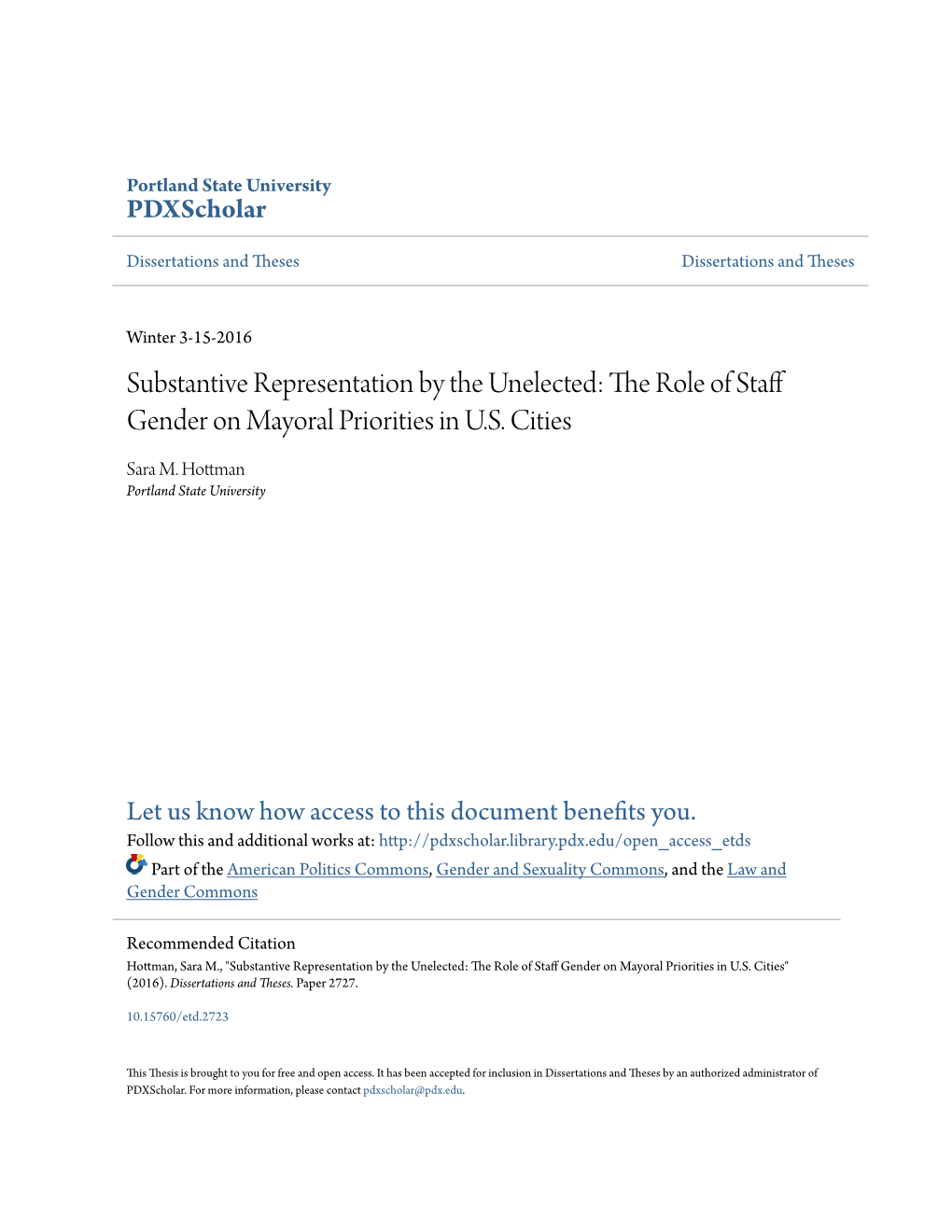 Substantive Representation by the Unelected: the Role of Staff Gender on Mayoral Priorities in U.S