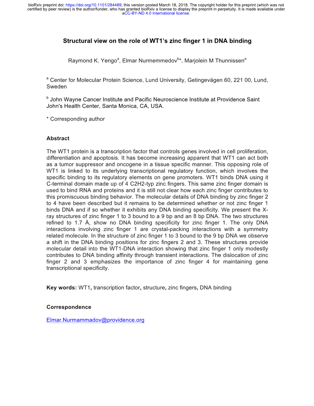 Structural View on the Role of WT1's Zinc Finger 1 in DNA Binding