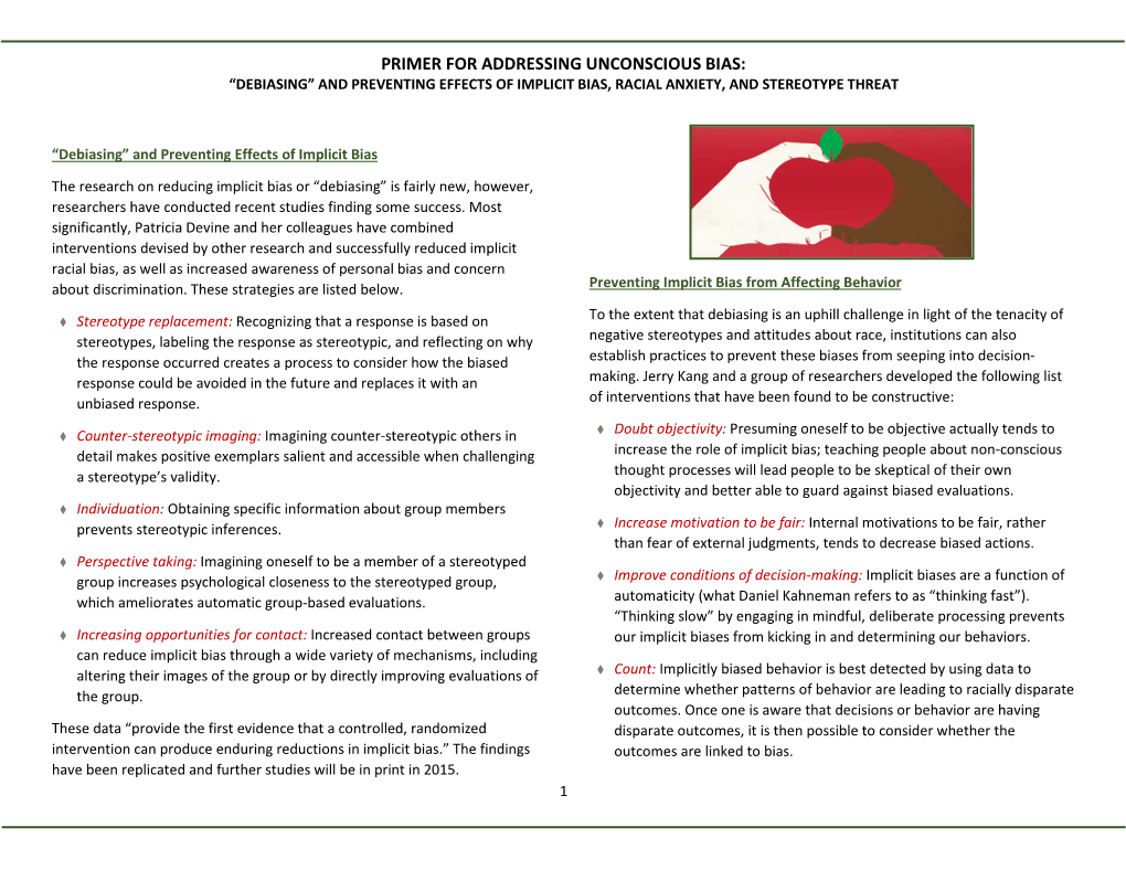 Primer for Addressing Unconscious Bias: “Debiasing” and Preventing Effects of Implicit Bias, Racial Anxiety, and Stereotype Threat