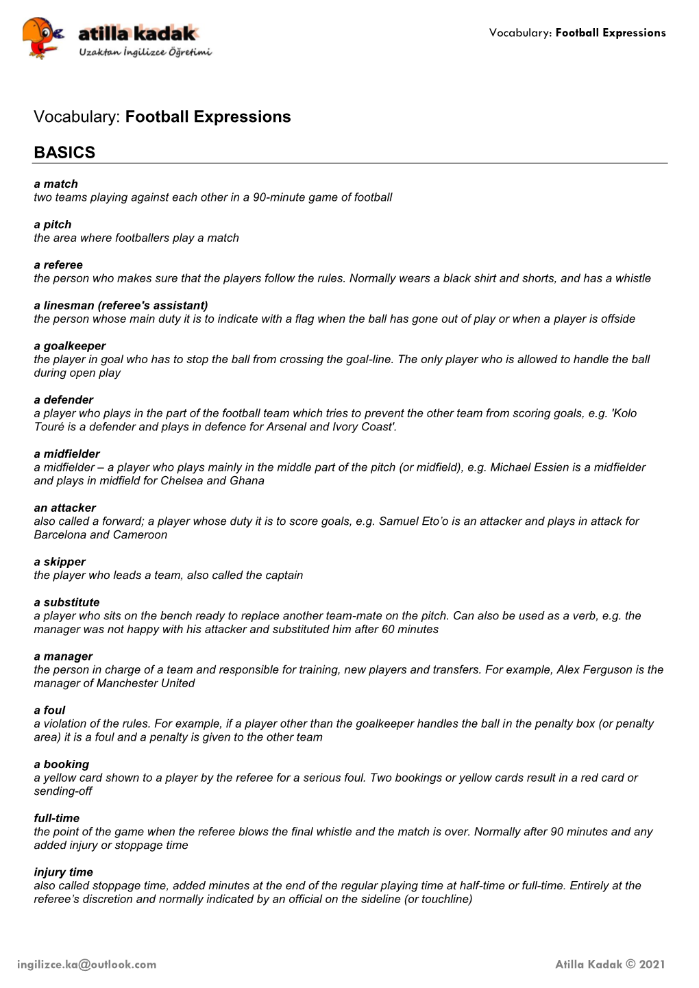 Vocabulary: Football Expressions BASICS