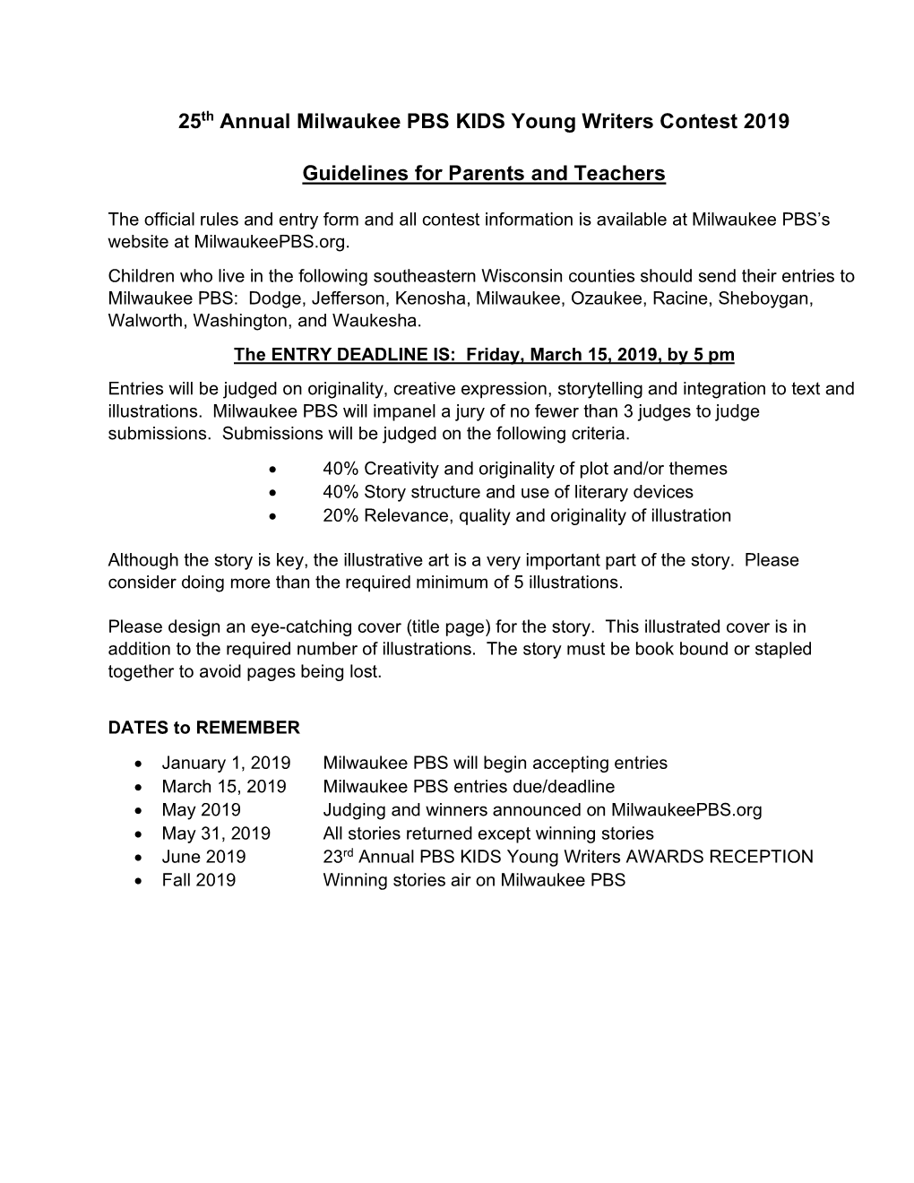 Milwaukee PBS KIDS Writers Contest Guidelines Parent Teacher 2019