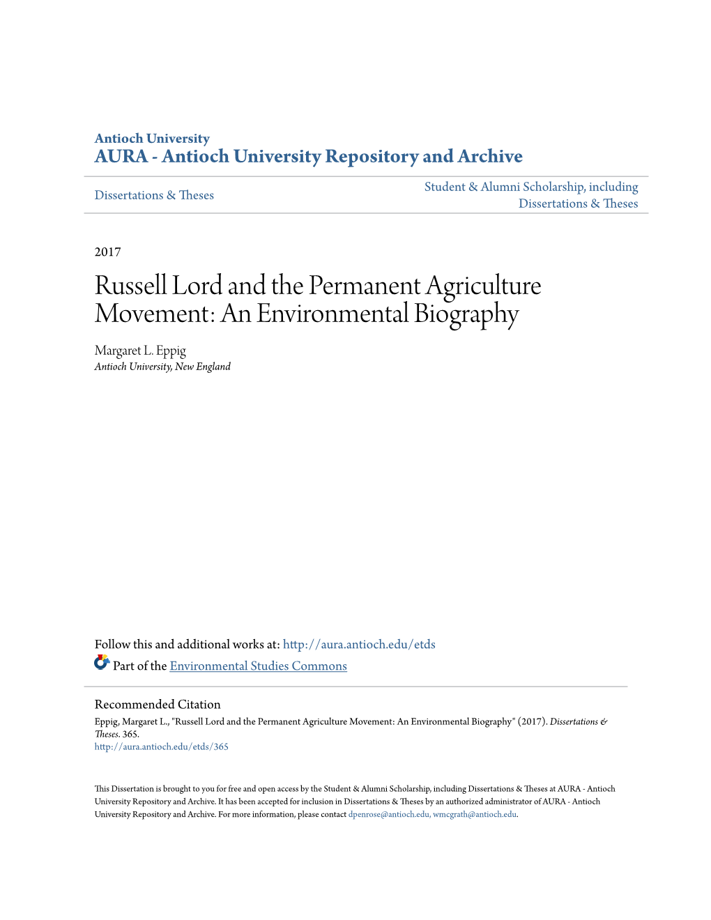 Russell Lord and the Permanent Agriculture Movement: an Environmental Biography Margaret L