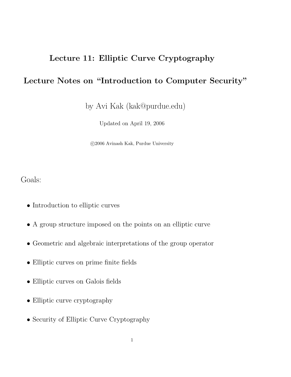 Elliptic Curve Cryptography Lecture Notes On