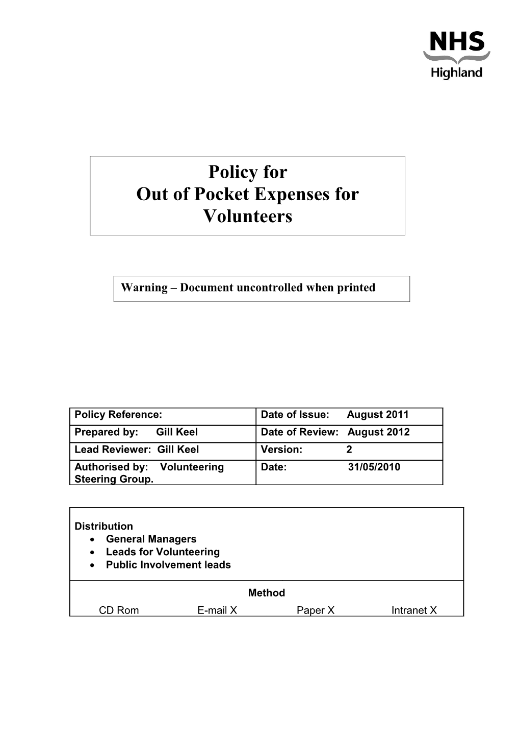 Patient and Public Involvement Expenses Payment Policy