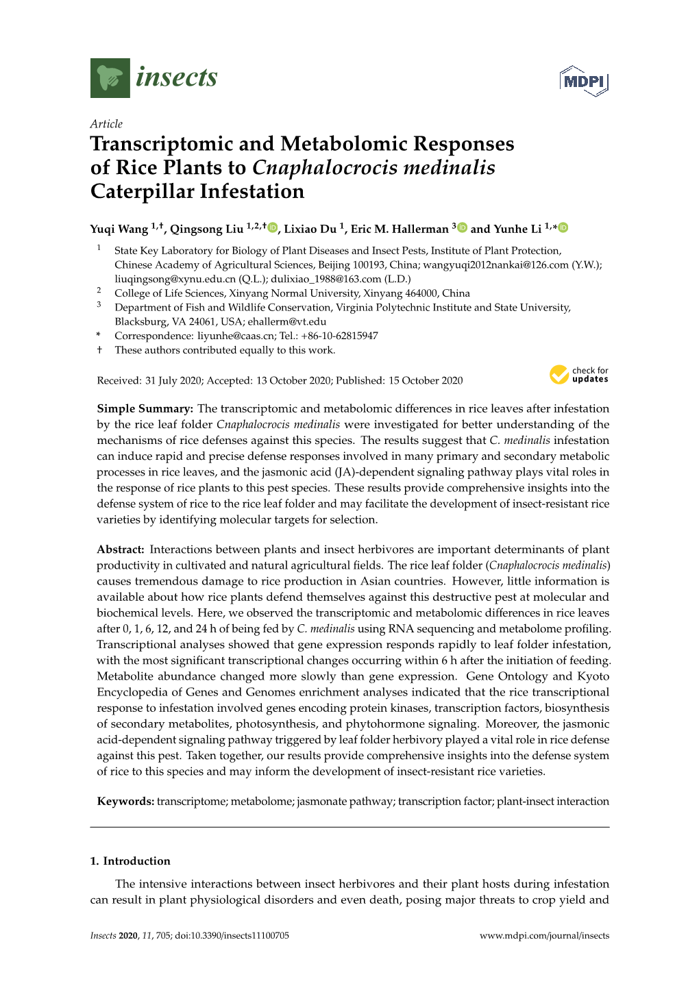 Transcriptomic and Metabolomic Responses of Rice Plants to Cnaphalocrocis Medinalis Caterpillar Infestation