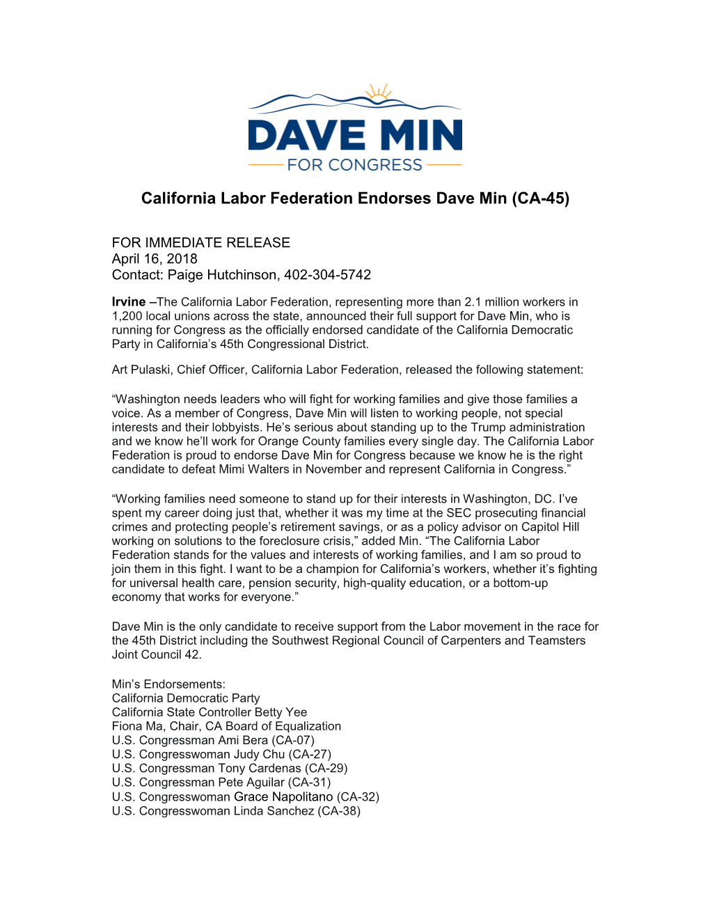 California Labor Federation Endorses Dave Min (CA-45)