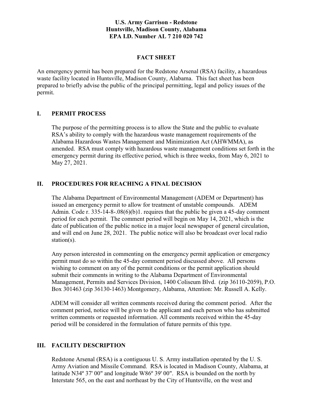 U.S. Army Garrison - Redstone Huntsville, Madison County, Alabama EPA I.D