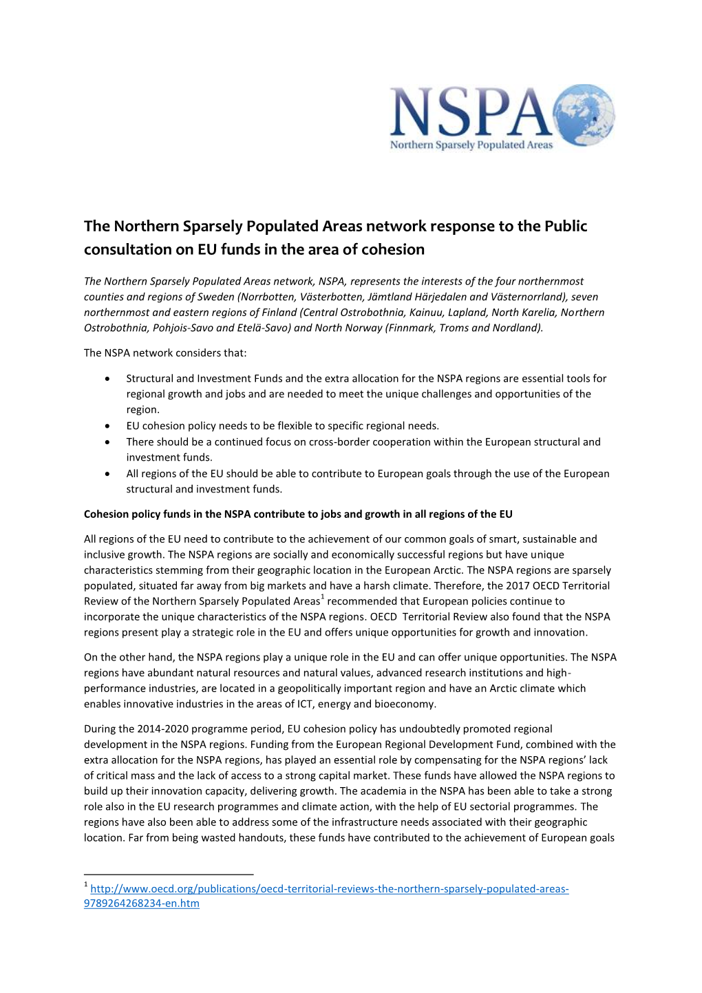 The Northern Sparsely Populated Areas Network Response to the Public Consultation on EU Funds in the Area of Cohesion