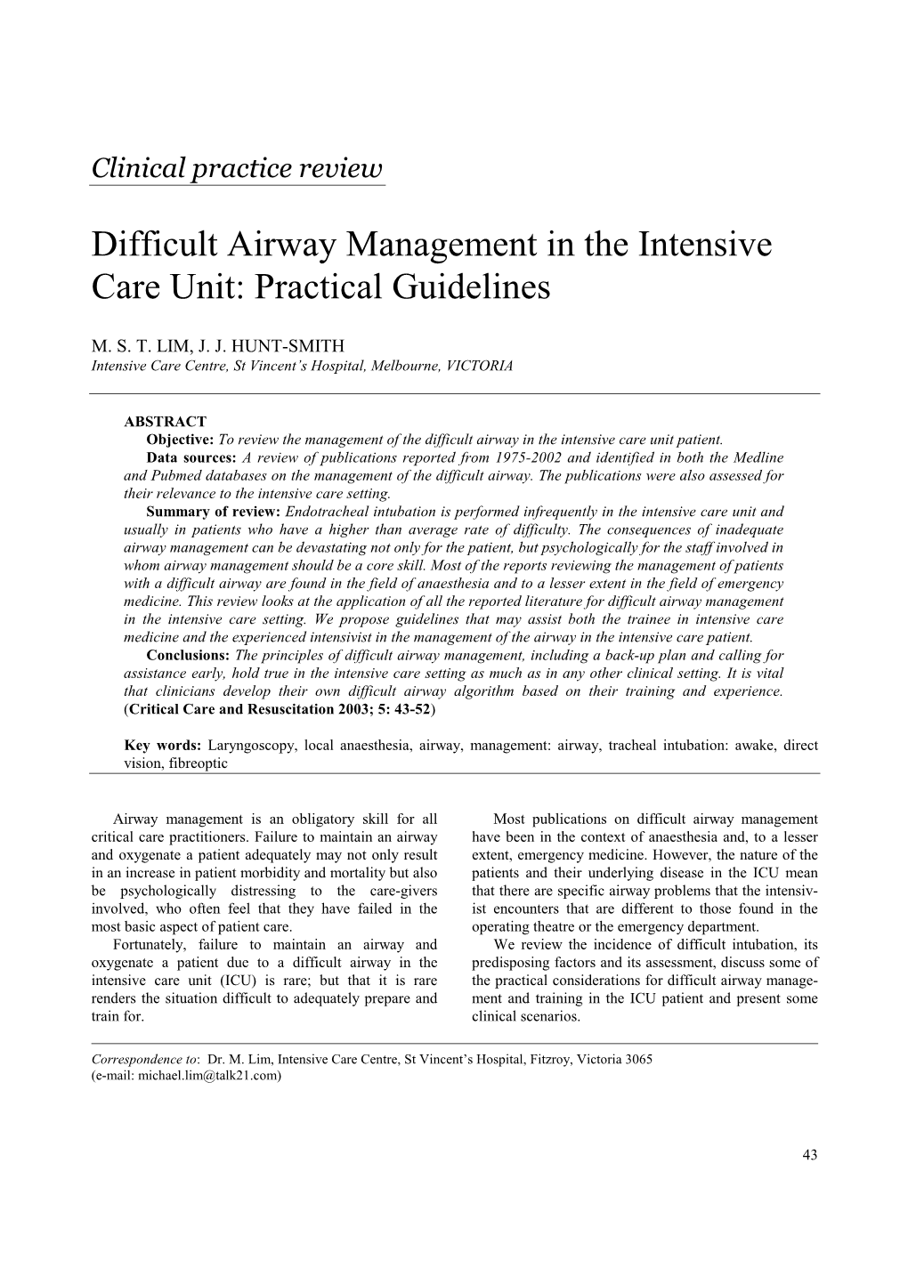 Difficult Airway Management in the Intensive Care Unit: Practical Guidelines