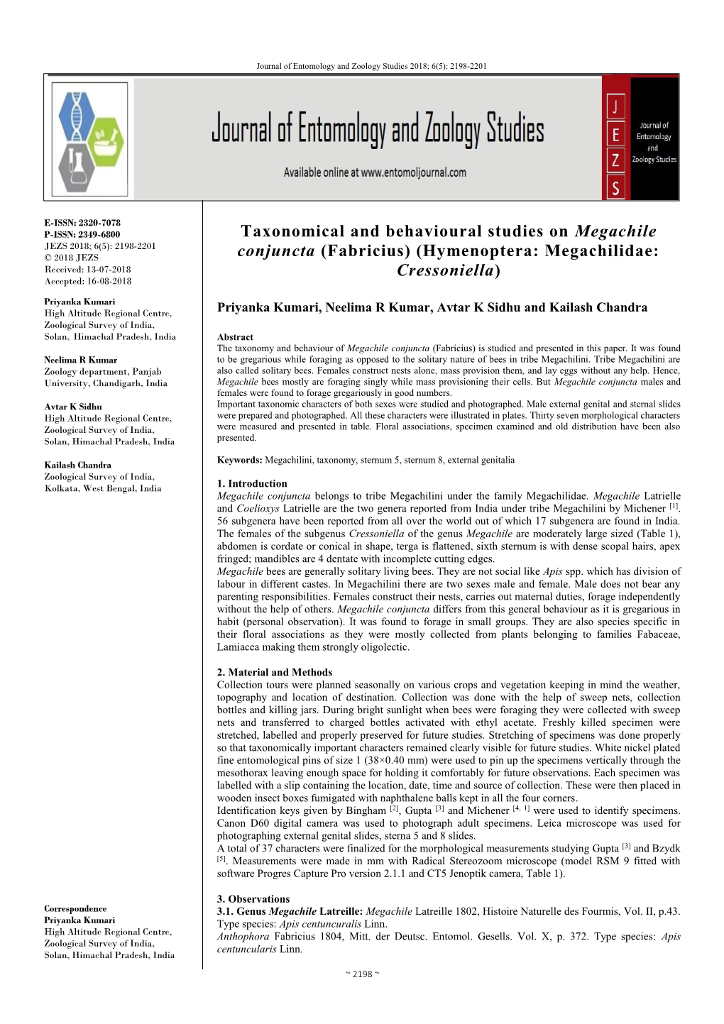 Taxonomical and Behavioural Studies on Megachile Conjuncta (Fabricius