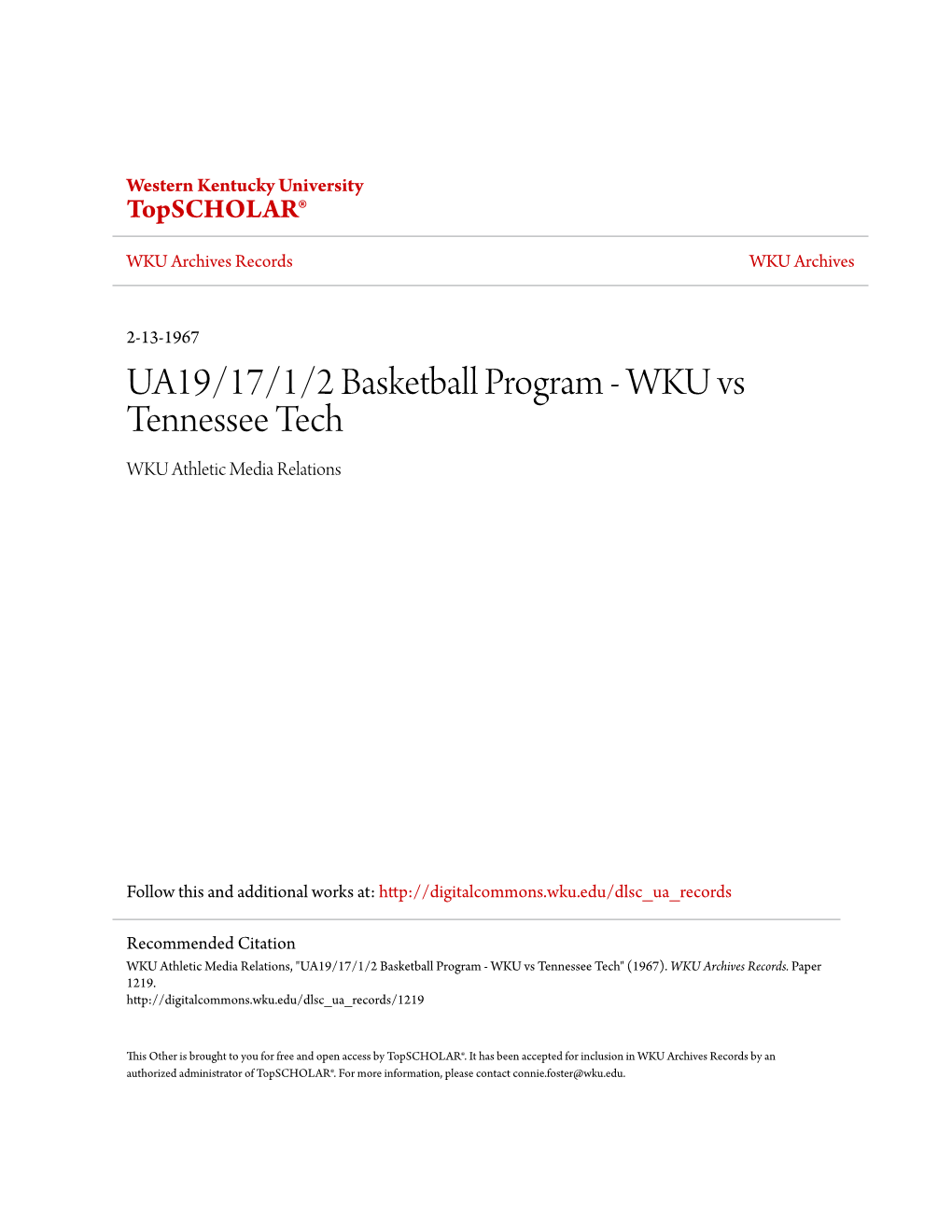 UA19/17/1/2 Basketball Program - WKU Vs Tennessee Tech WKU Athletic Media Relations
