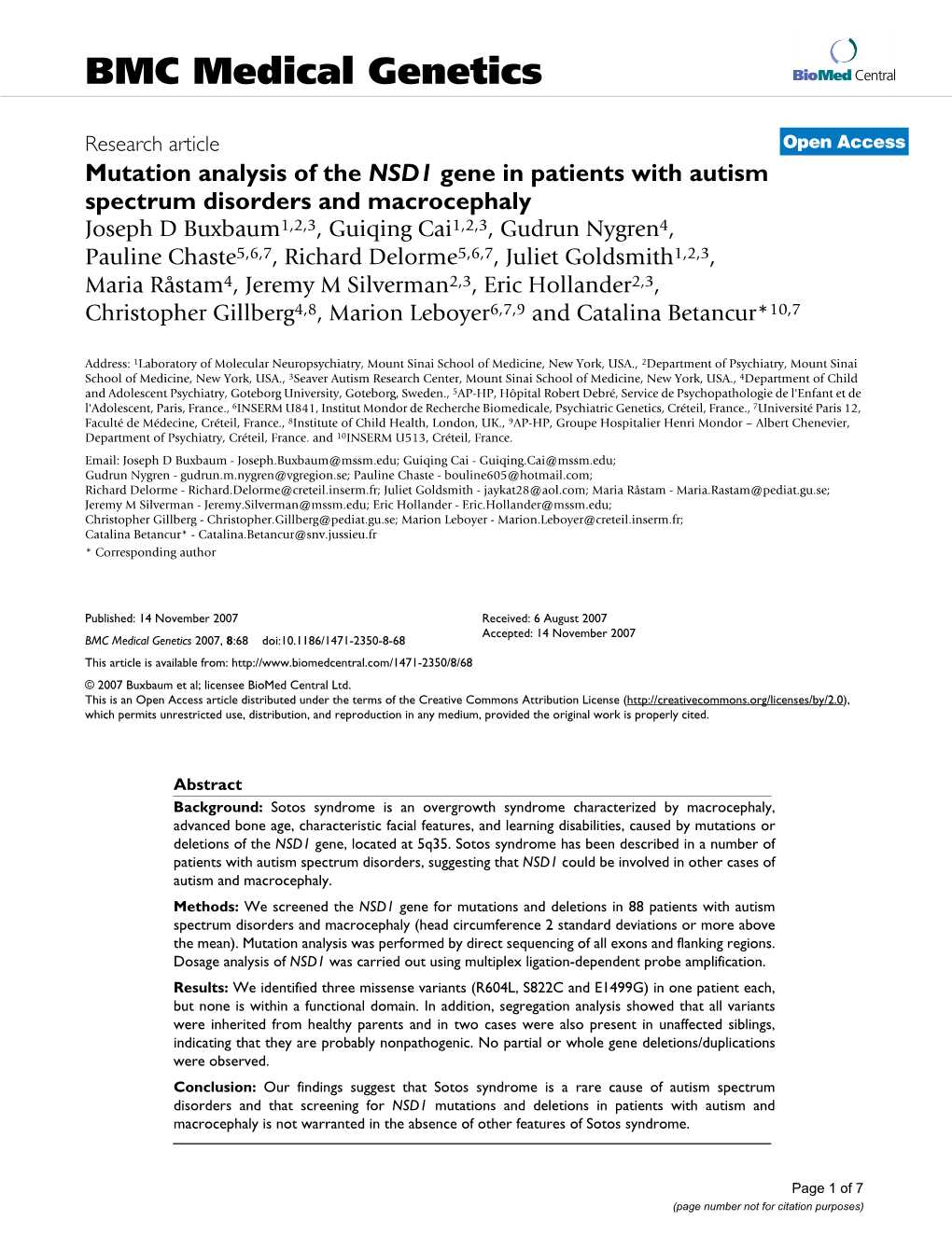 Mutation Analysis of the NSD1 Gene in Patients with Autism Spectrum