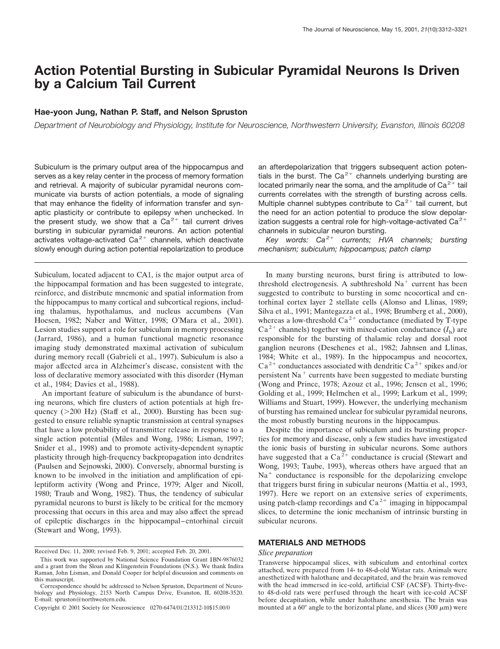 Action Potential Bursting in Subicular Pyramidal Neurons Is Driven by a Calcium Tail Current