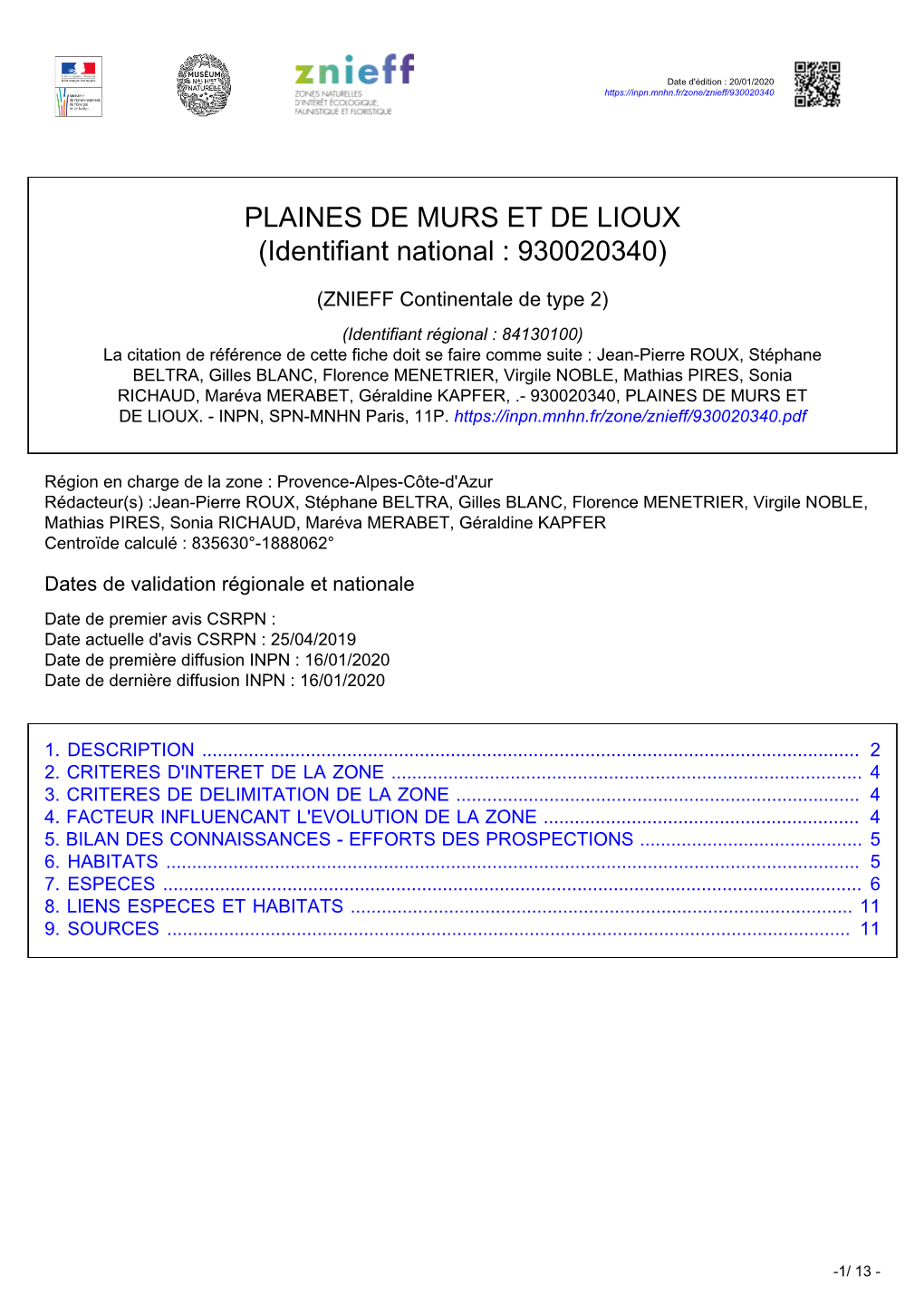 PLAINES DE MURS ET DE LIOUX (Identifiant National : 930020340)