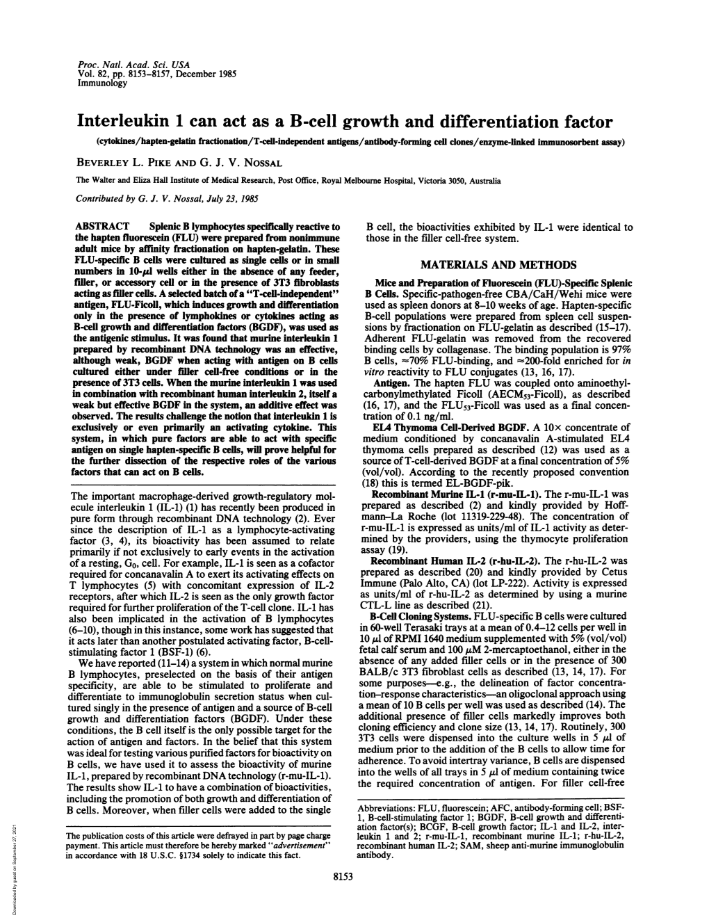 Interleukin 1 Can Act As a B-Cell Growth and Differentiation Factor