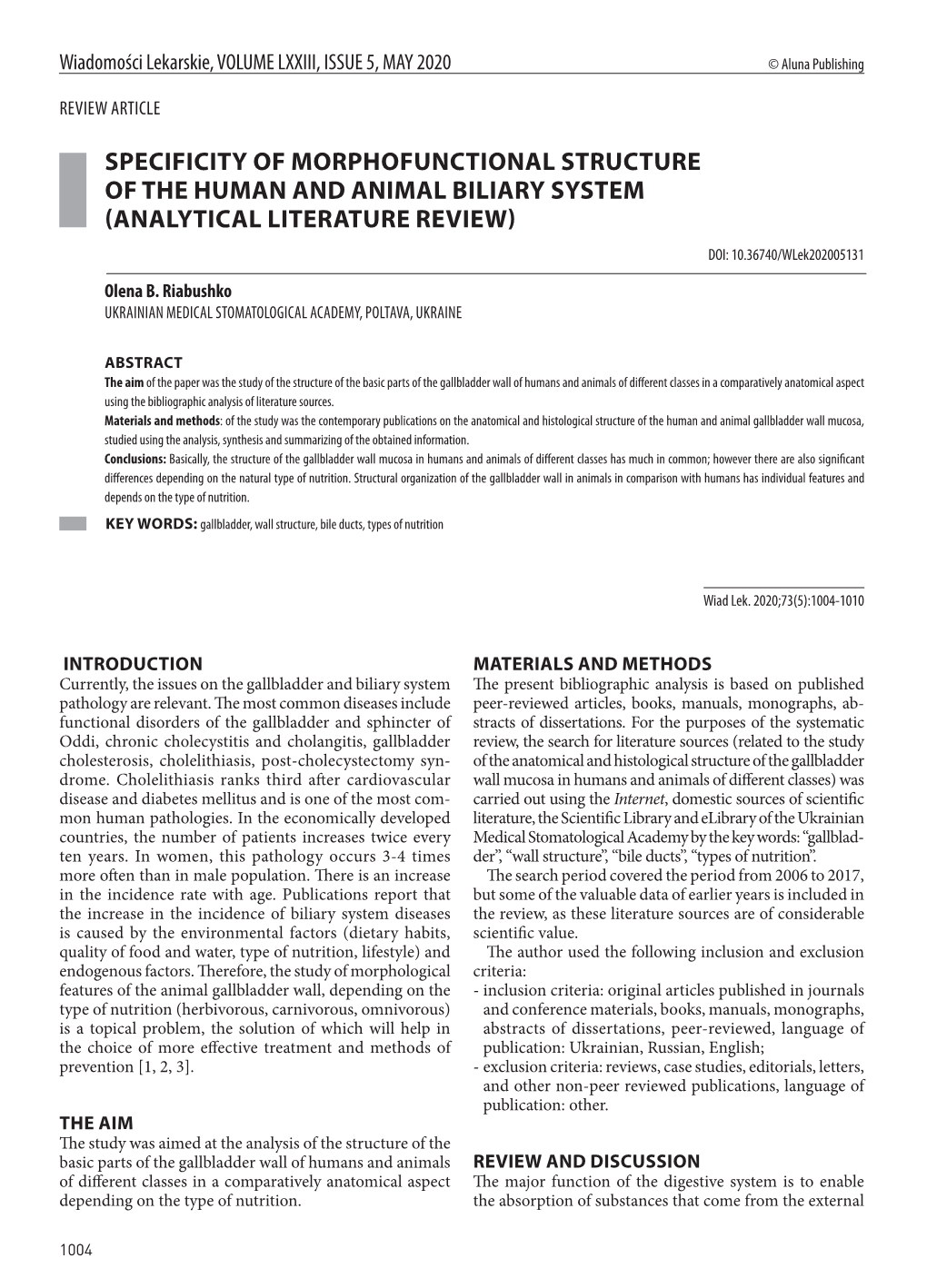 ANALYTICAL LITERATURE REVIEW) DOI: 10.36740/Wlek202005131