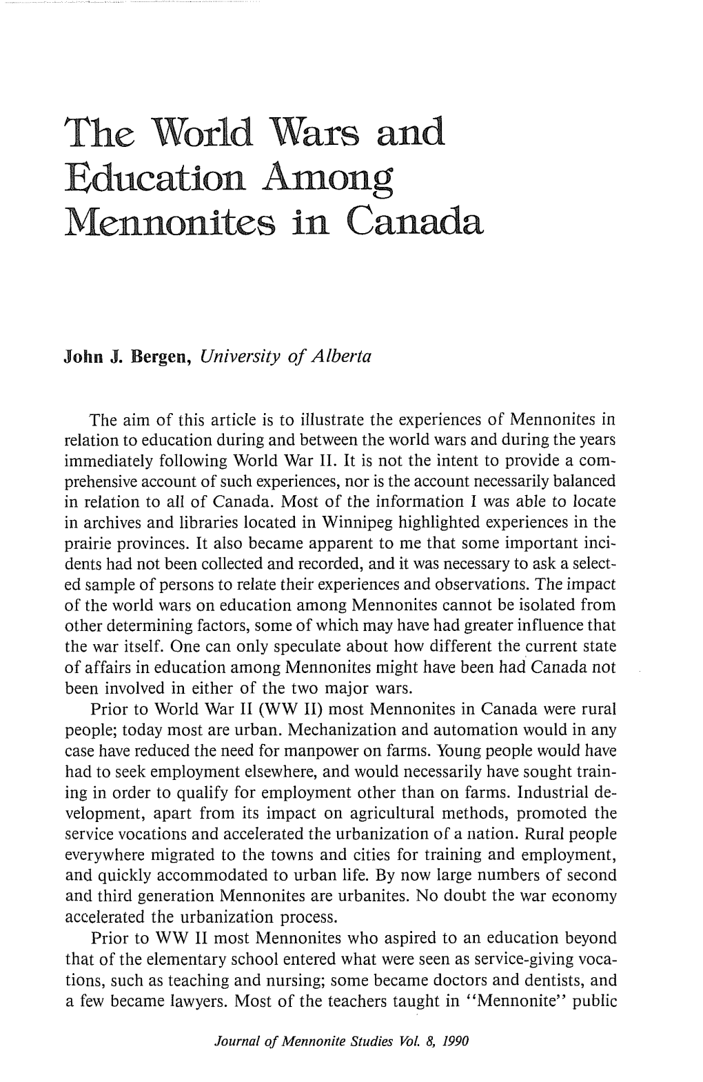 The World Wars and Education Among Mennonites in Canada