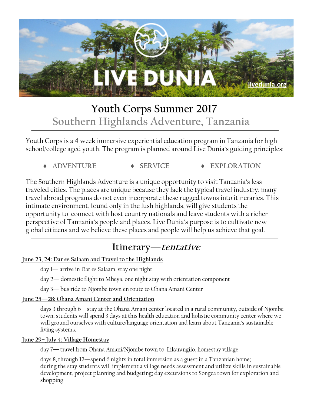 Youth Corps Summer 2017 Southern Highlands Adventure, Tanzania