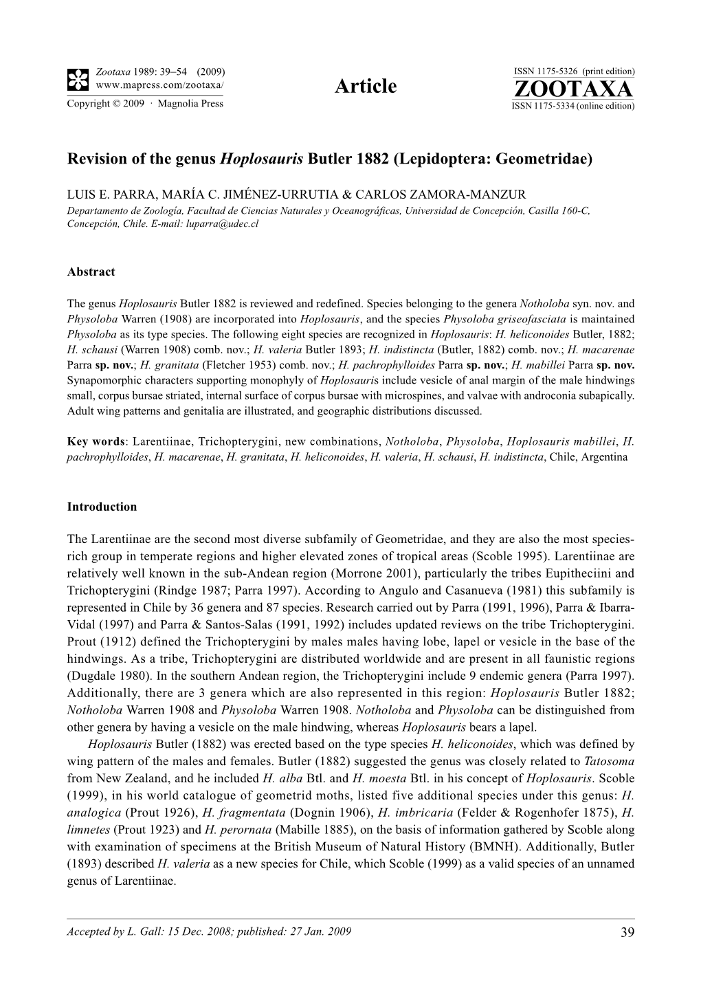 Zootaxa, Revision of the Genus Hoplosauris Butler 1882 (Lepidoptera: Geometridae)