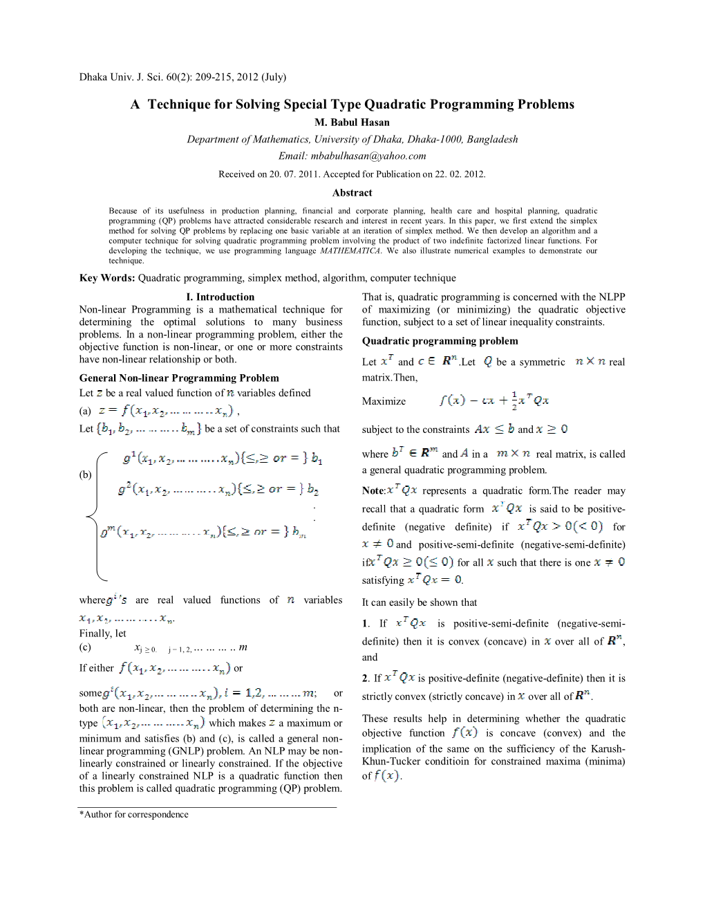 A Technique for Solving Special Type Quadratic Programming Problems M