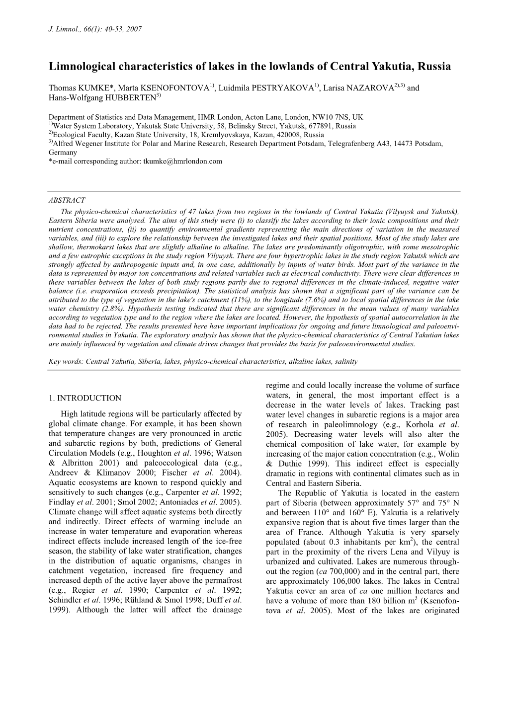 Limnological Characteristics of Lakes in the Lowlands of Central Yakutia, Russia