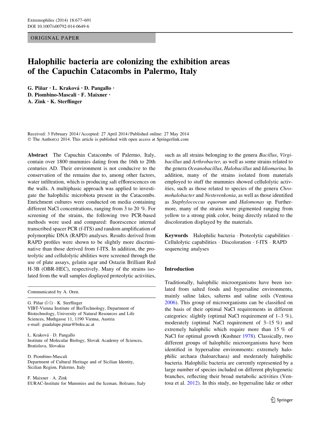 Halophilic Bacteria Are Colonizing the Exhibition Areas of the Capuchin Catacombs in Palermo, Italy