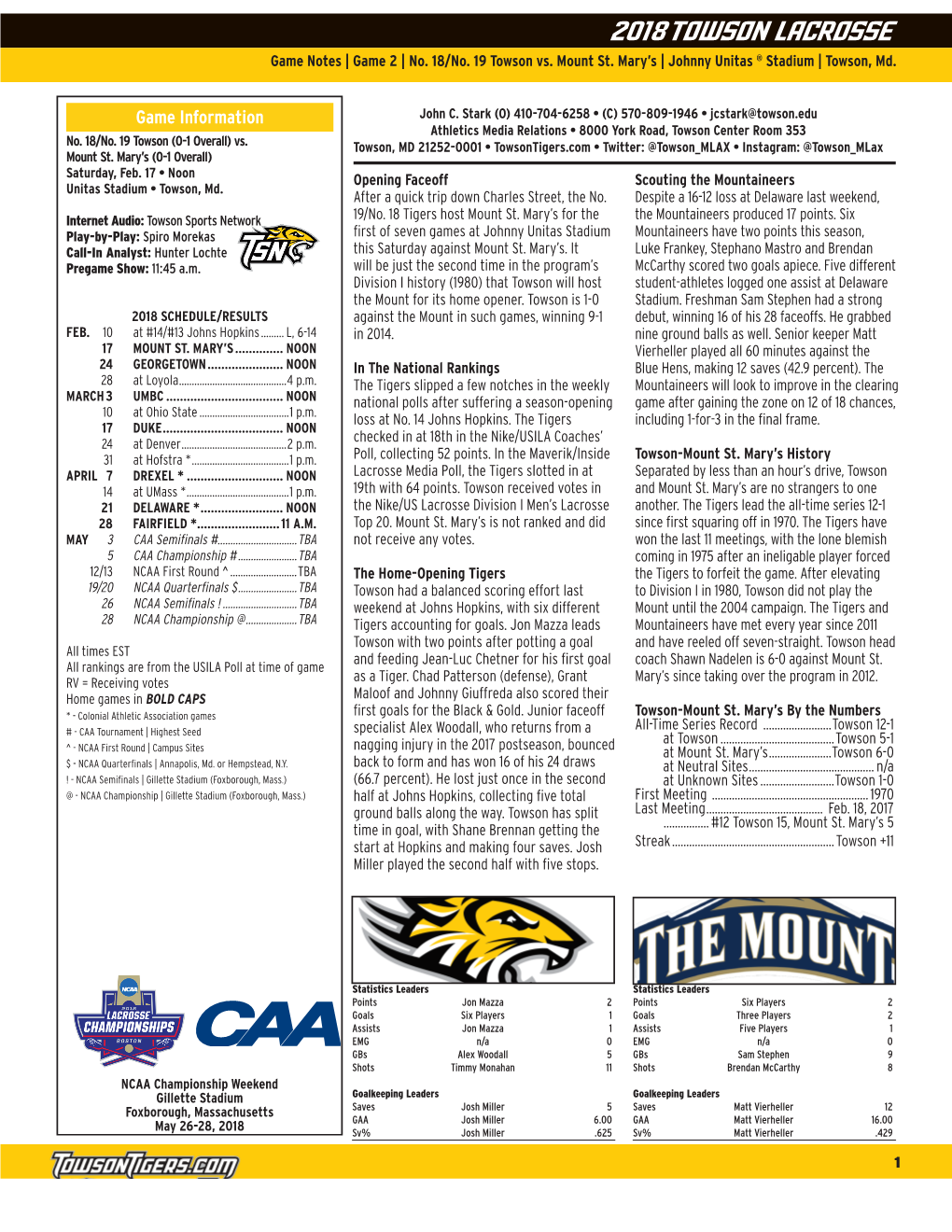 2018 TOWSON LACROSSE Game Notes | Game 2 | No