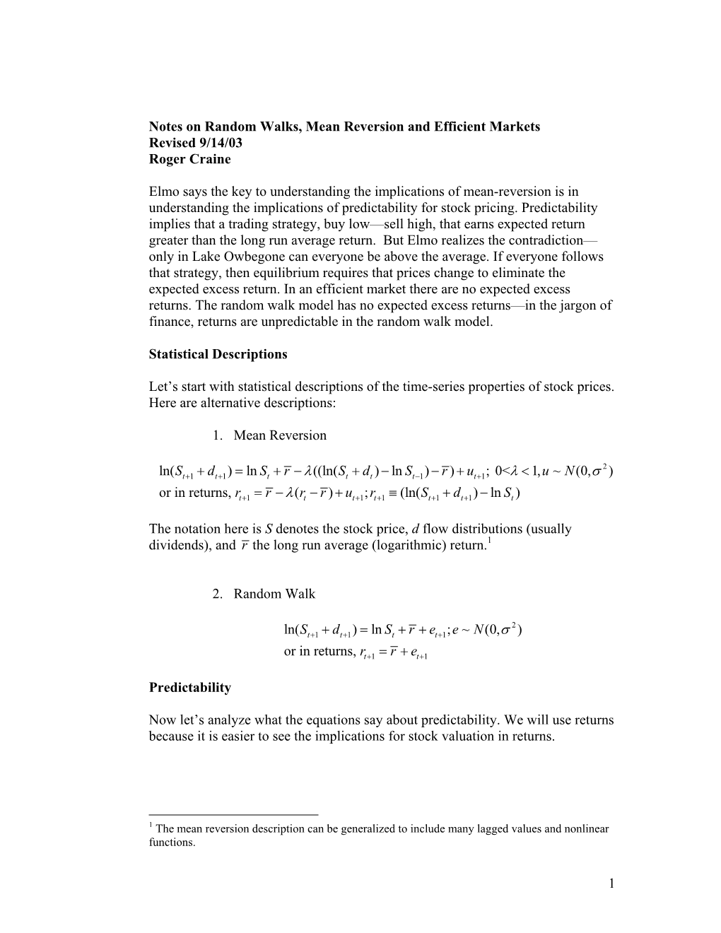 Notes on Random Walks and Mean Reversion