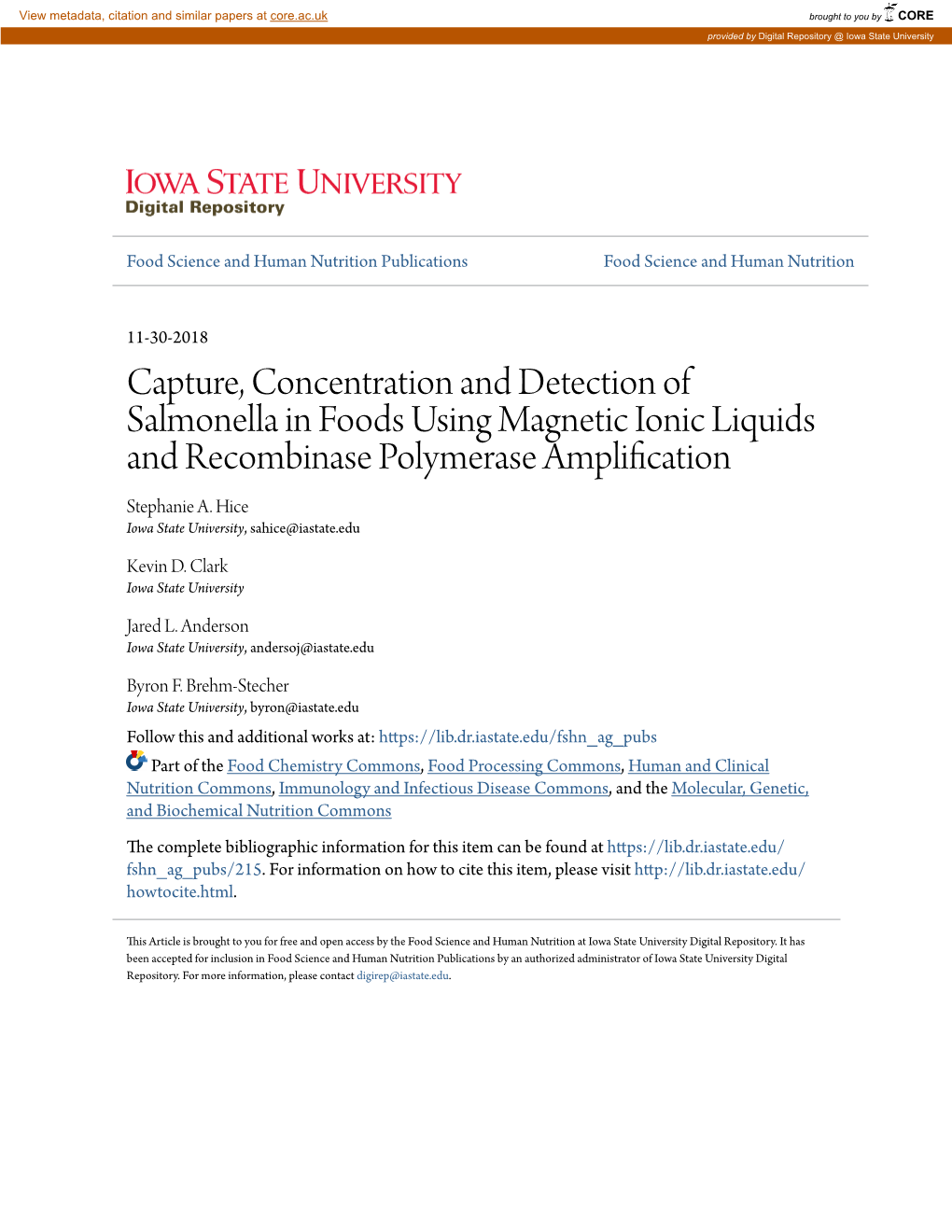 Capture, Concentration and Detection of Salmonella in Foods Using Magnetic Ionic Liquids and Recombinase Polymerase Amplification Stephanie A