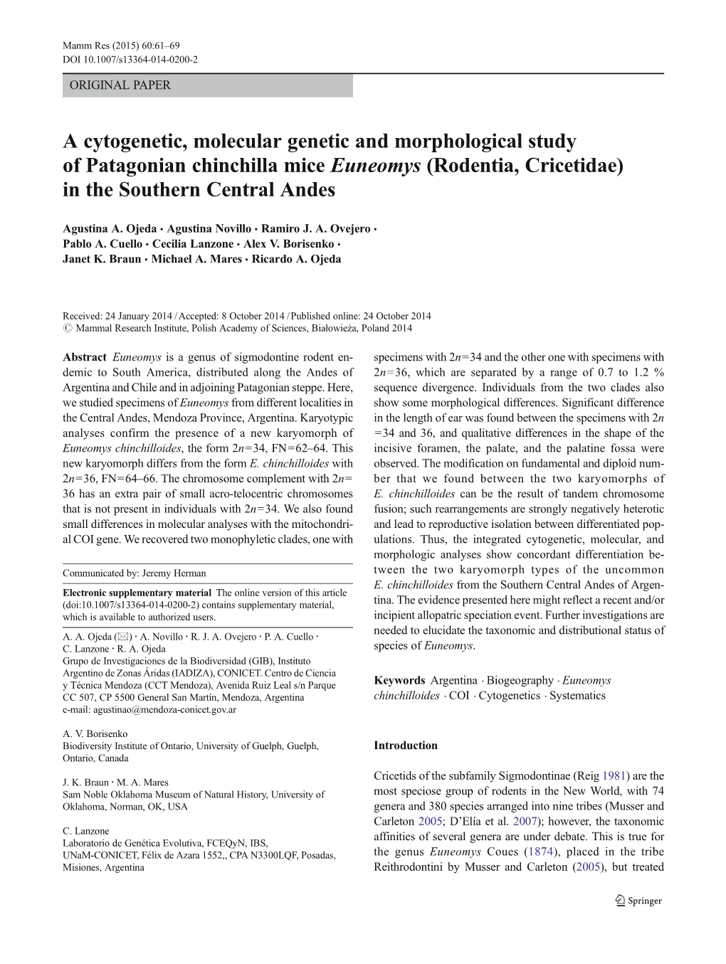 Rodentia, Cricetidae) in the Southern Central Andes