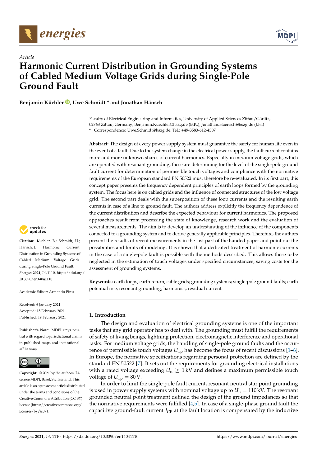 Harmonic Current Distribution in Grounding Systems of Cabled Medium Voltage Grids During Single-Pole Ground Fault
