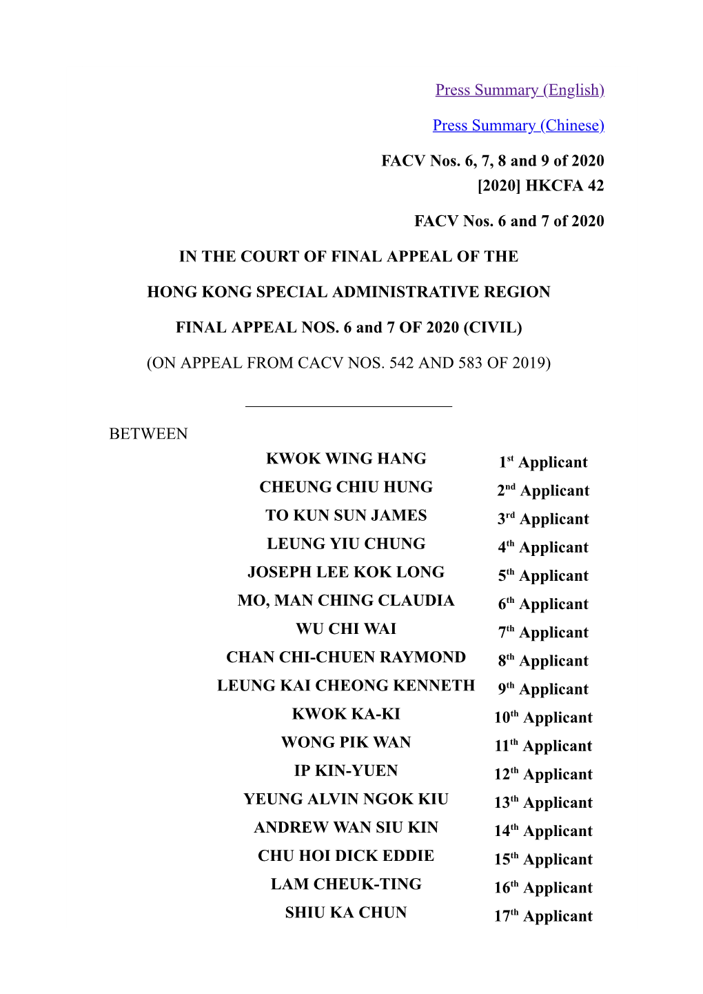 [2020] Hkcfa 42 in the Court of Final Appeal of The