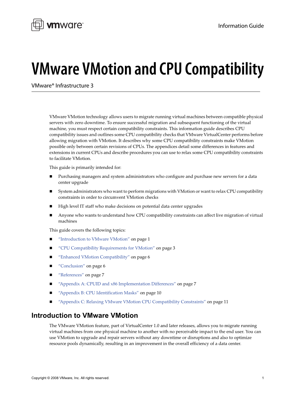 Vmware Vmotion and CPU Compatibility Vmware® Infrastructure 3