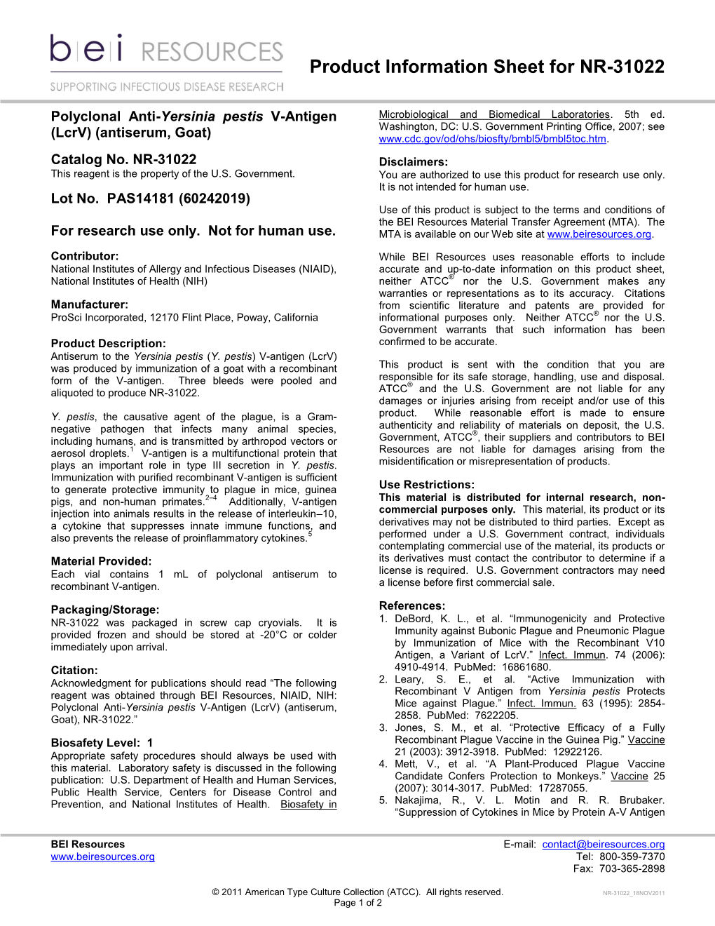 Polyclonal Anti-Yersinia Pestis V-Antigen (Lcrv) (Antiserum, Mice Against Plague.” Infect