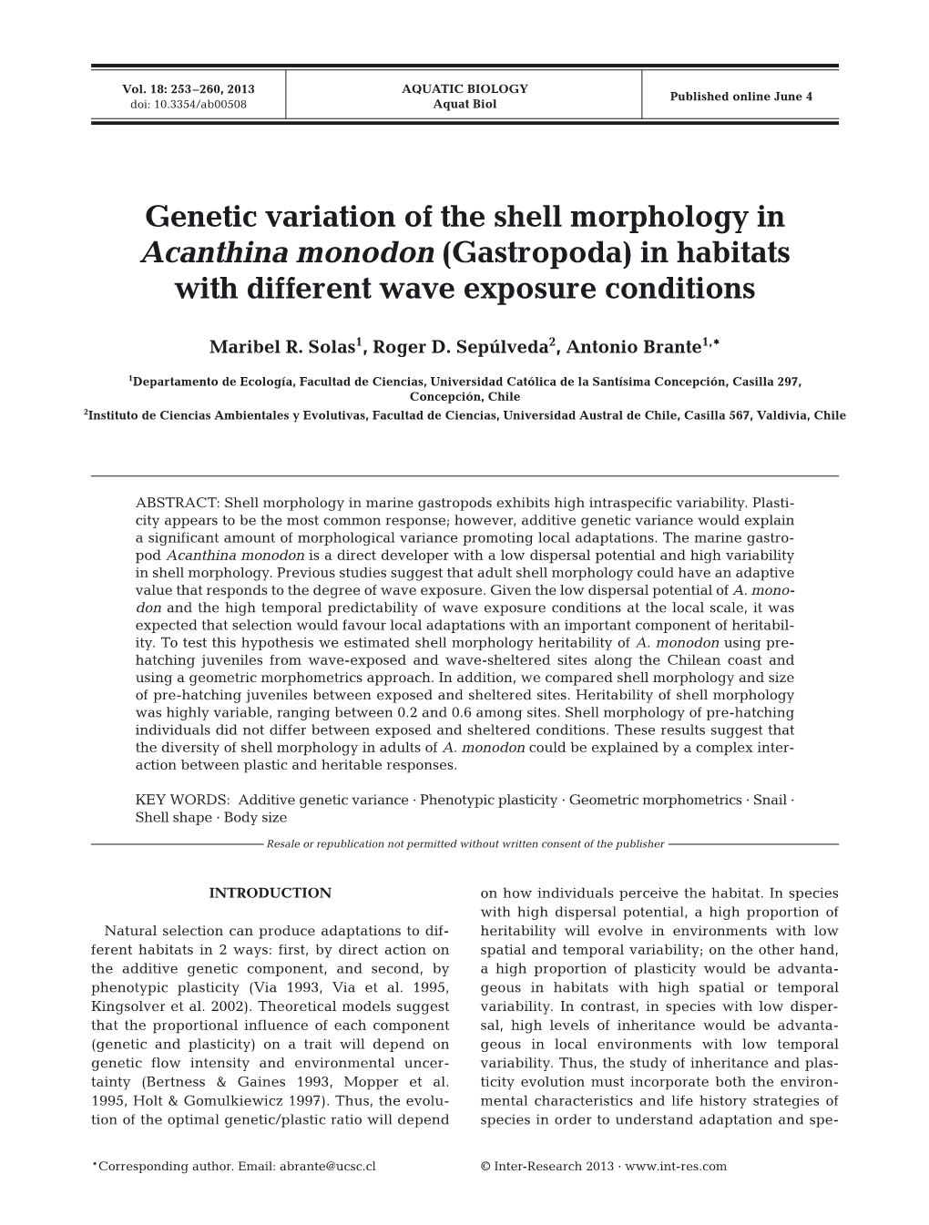 Genetic Variation of the Shell Morphology in Acanthina Monodon (Gastropoda) in Habitats with Different Wave Exposure Conditions