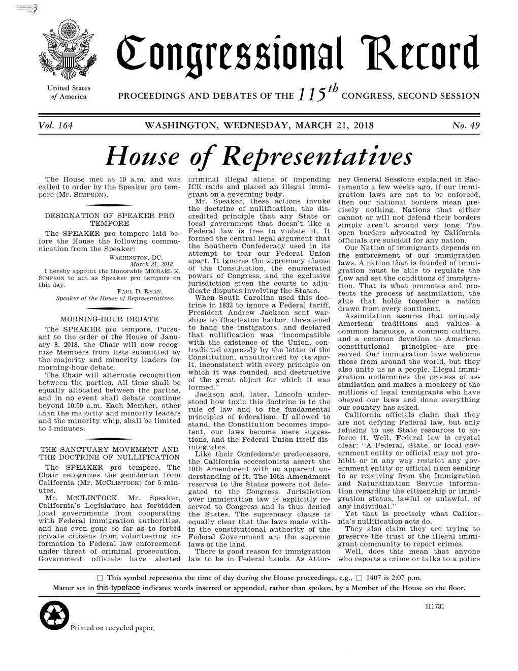 Congressional Record United States Th of America PROCEEDINGS and DEBATES of the 115 CONGRESS, SECOND SESSION