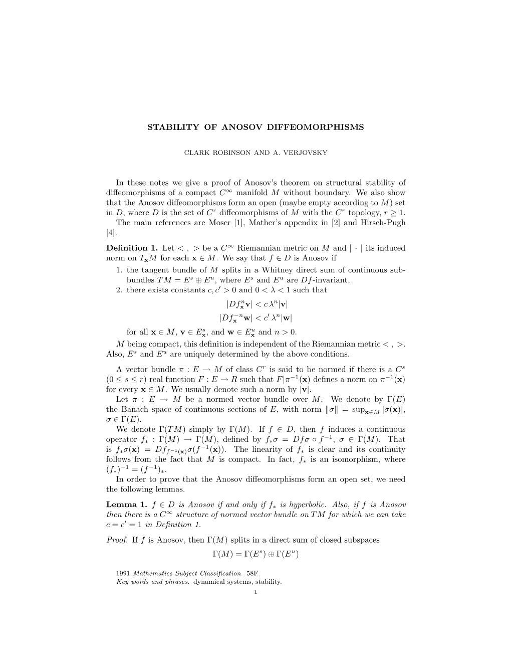 STABILITY of ANOSOV DIFFEOMORPHISMS in These