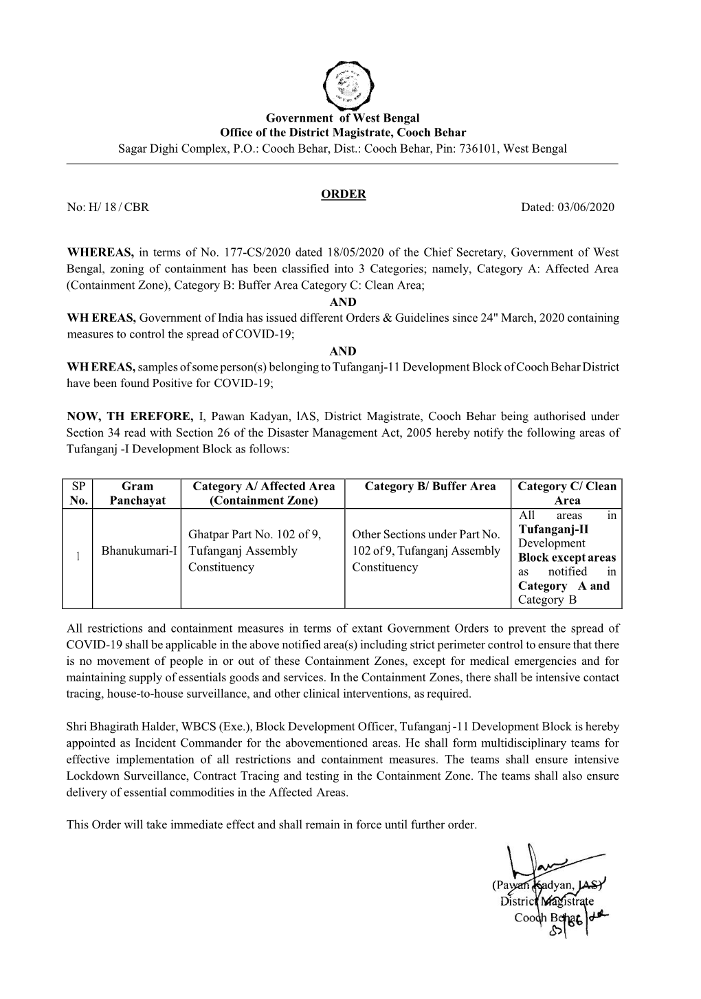 Government of West Bengal Office of the District Magistrate, Cooch Behar Sagar Dighi Complex, P.O.: Cooch Behar, Dist.: Cooch Behar, Pin: 736101, West Bengal